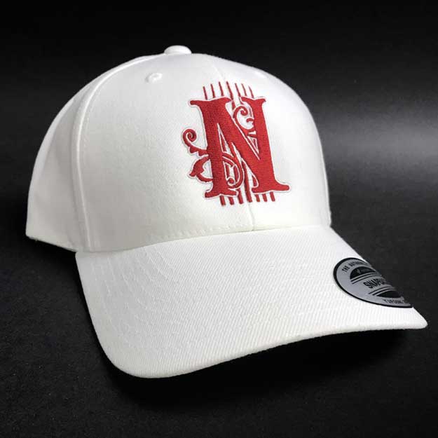 White Needlejig Cap with Red Embroidered Logo